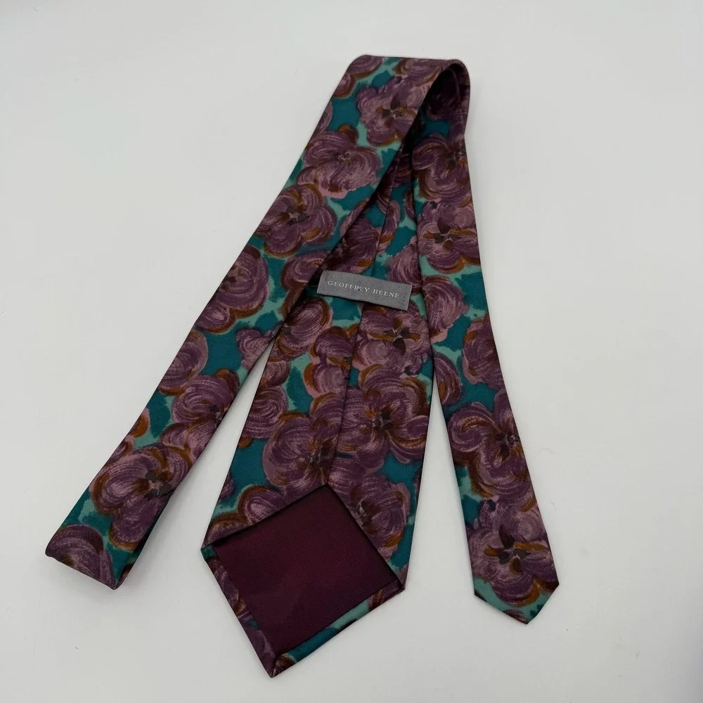 Geoffrey Beene Tie Mens Purple Teal Floral Italian Fabric Made USA Necktie